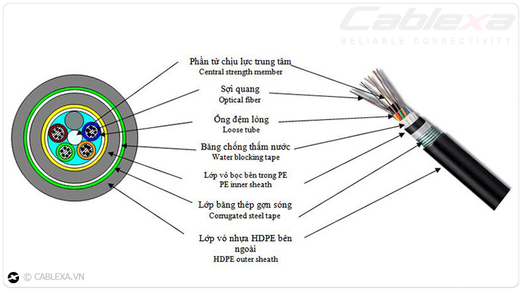 Cấu tạo cáp quang cống kim loại (chôn trực tiếp) chính hãng Cablexa